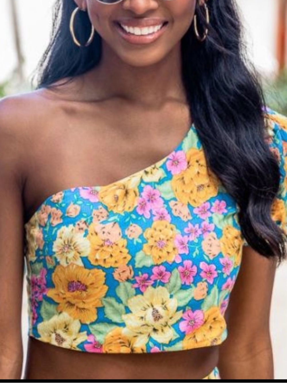 Pink Lily One Shoulder Floral Crop Top Blue Multicolor Medium